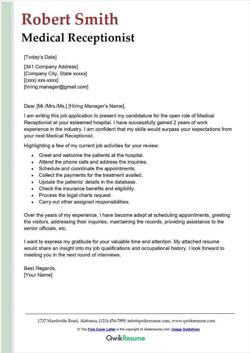 cover letter template for medical receptionist example