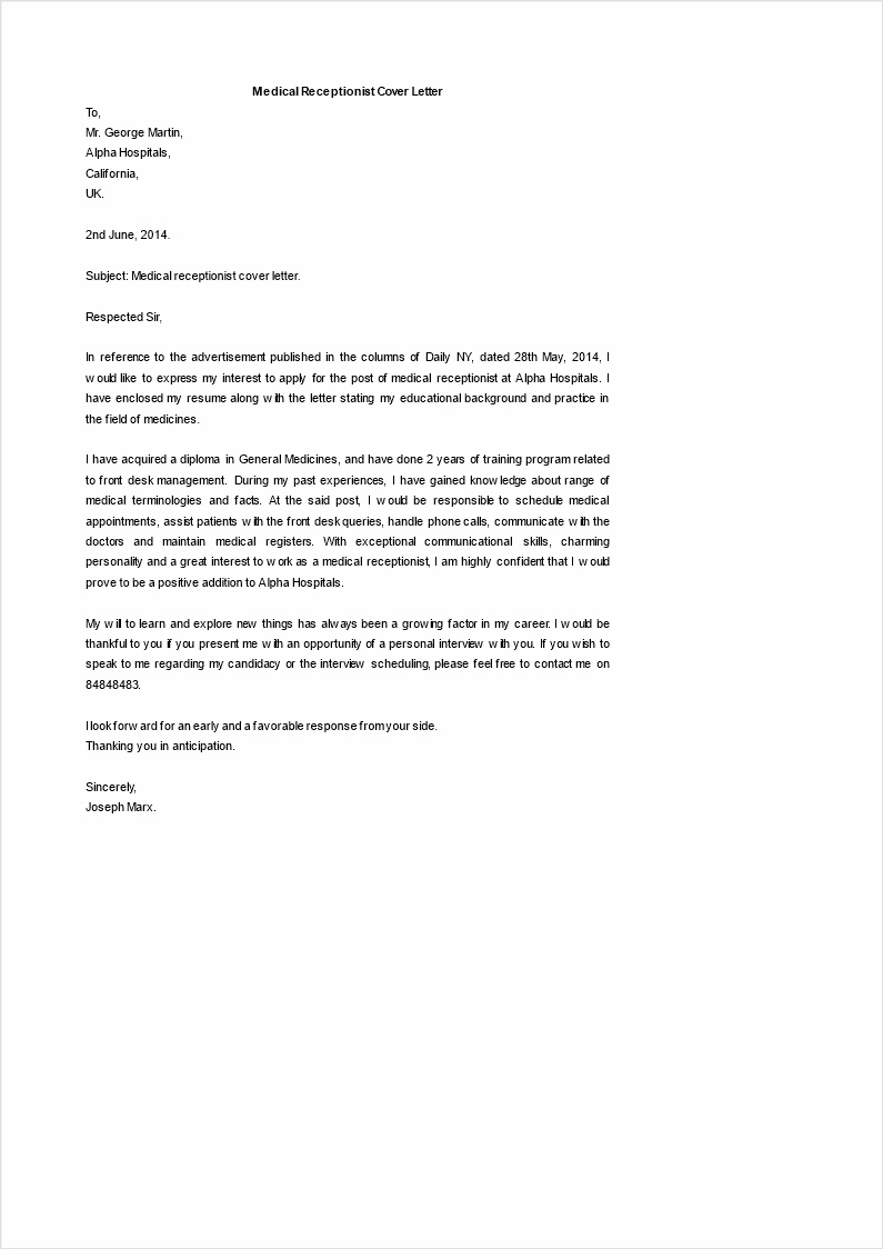 cover letter template for medical receptionist