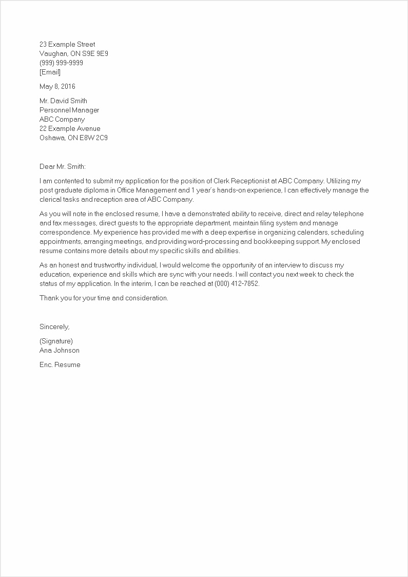 cover letter template for receptionist example