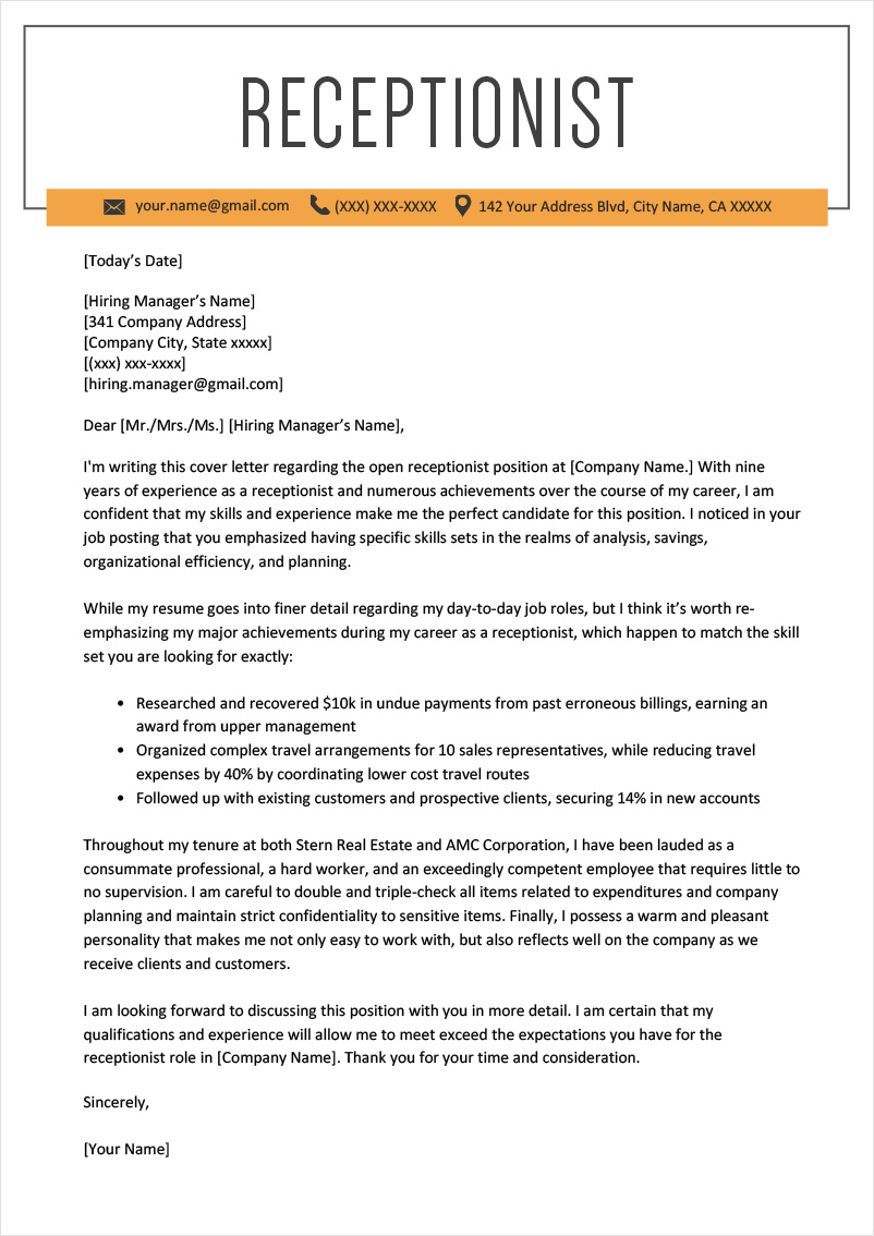 cover letter template for receptionist