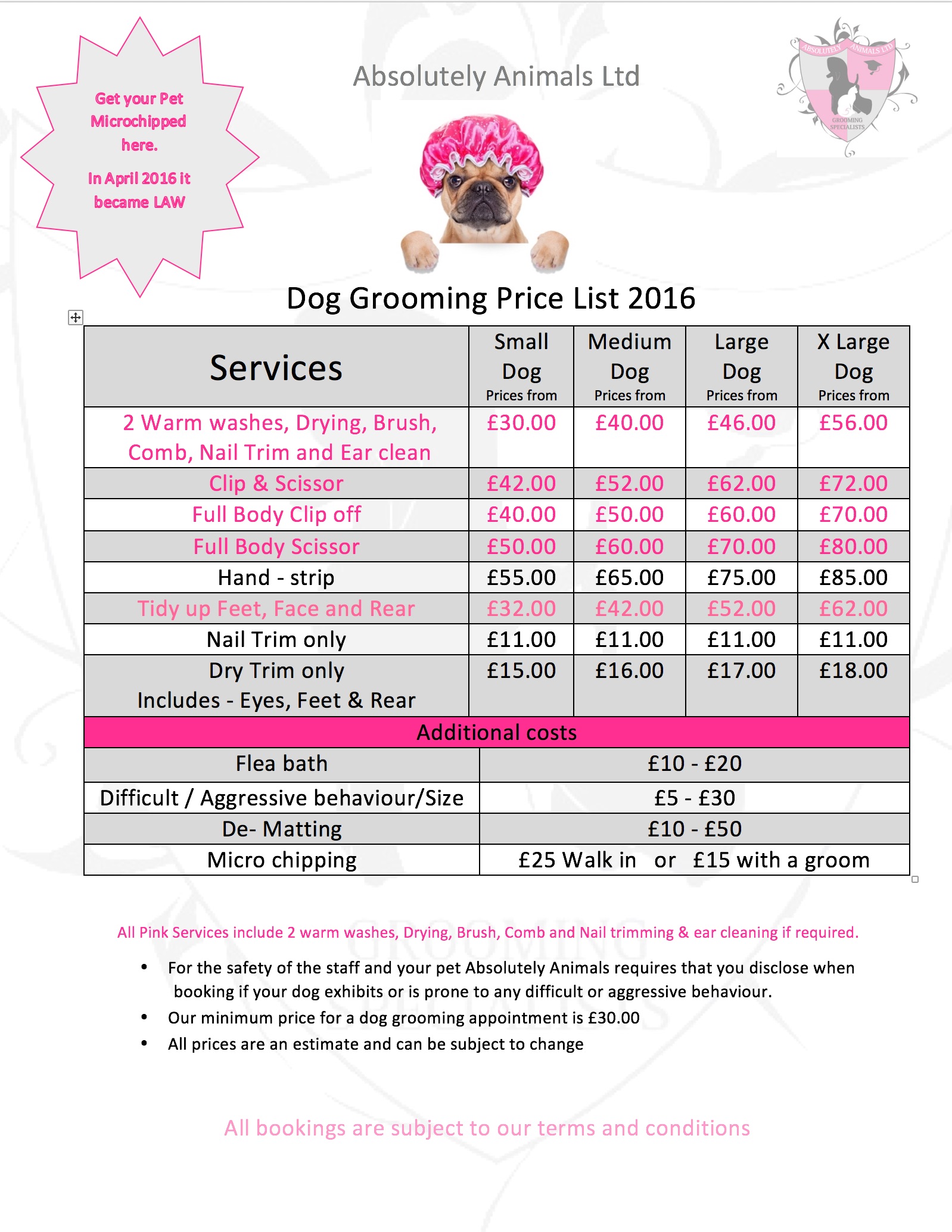 dog grooming price list template sample