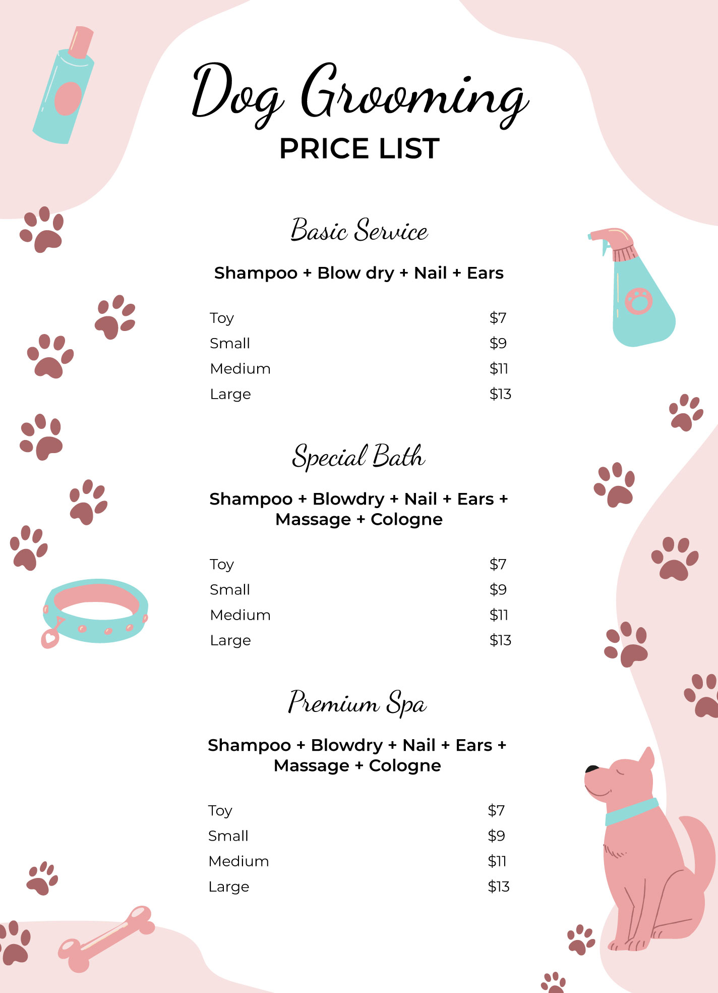 dog grooming price list template