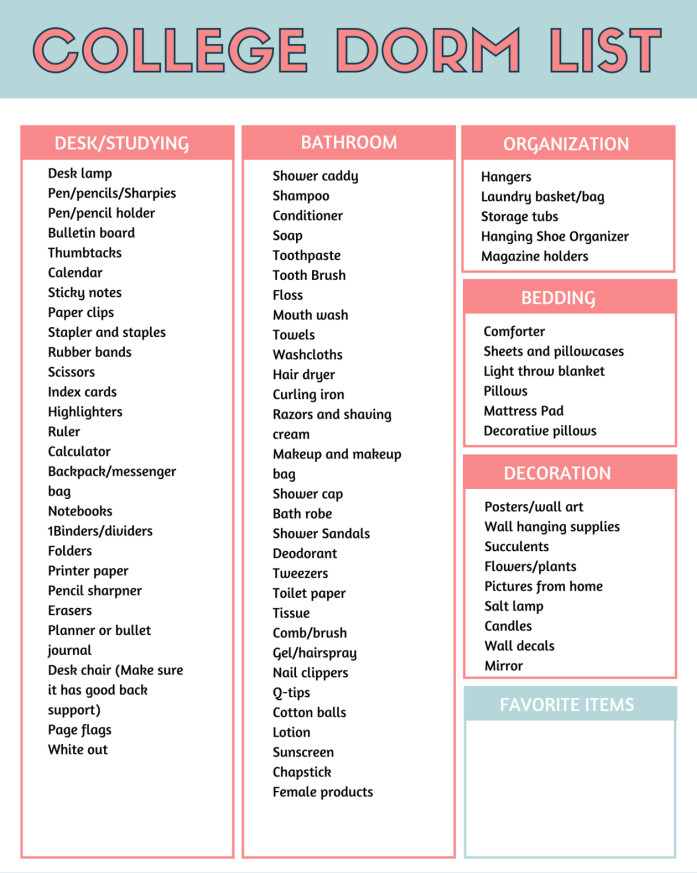 dorm shopping checklist template