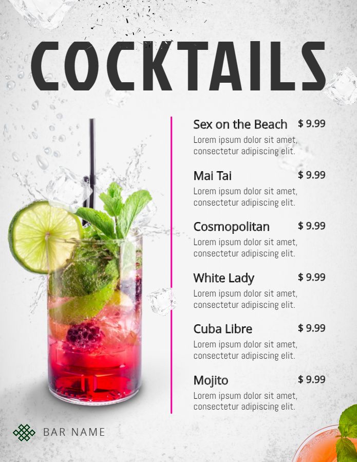 sample of printable drink menu template in word format