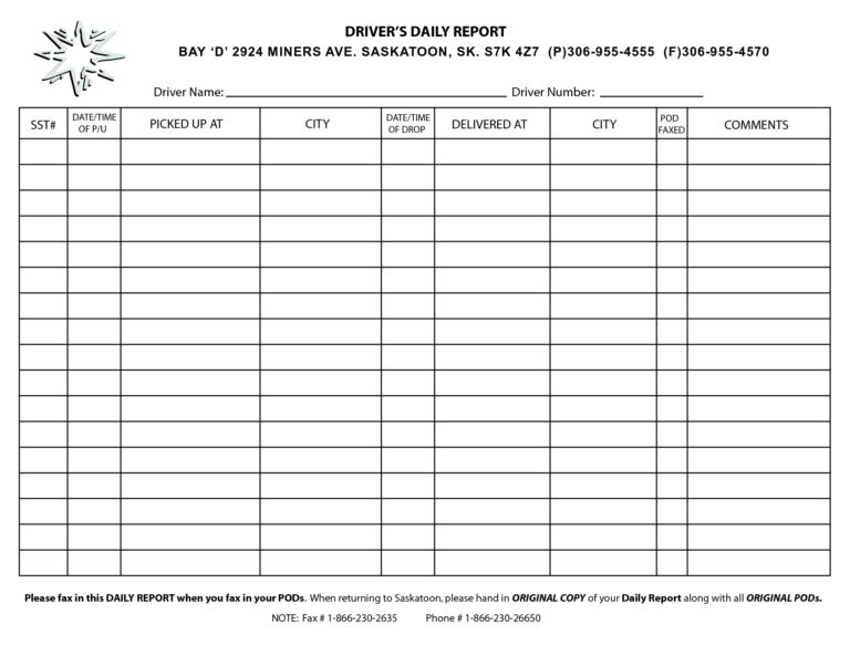 √ Free Printable Driver Daily Log Sheet Template