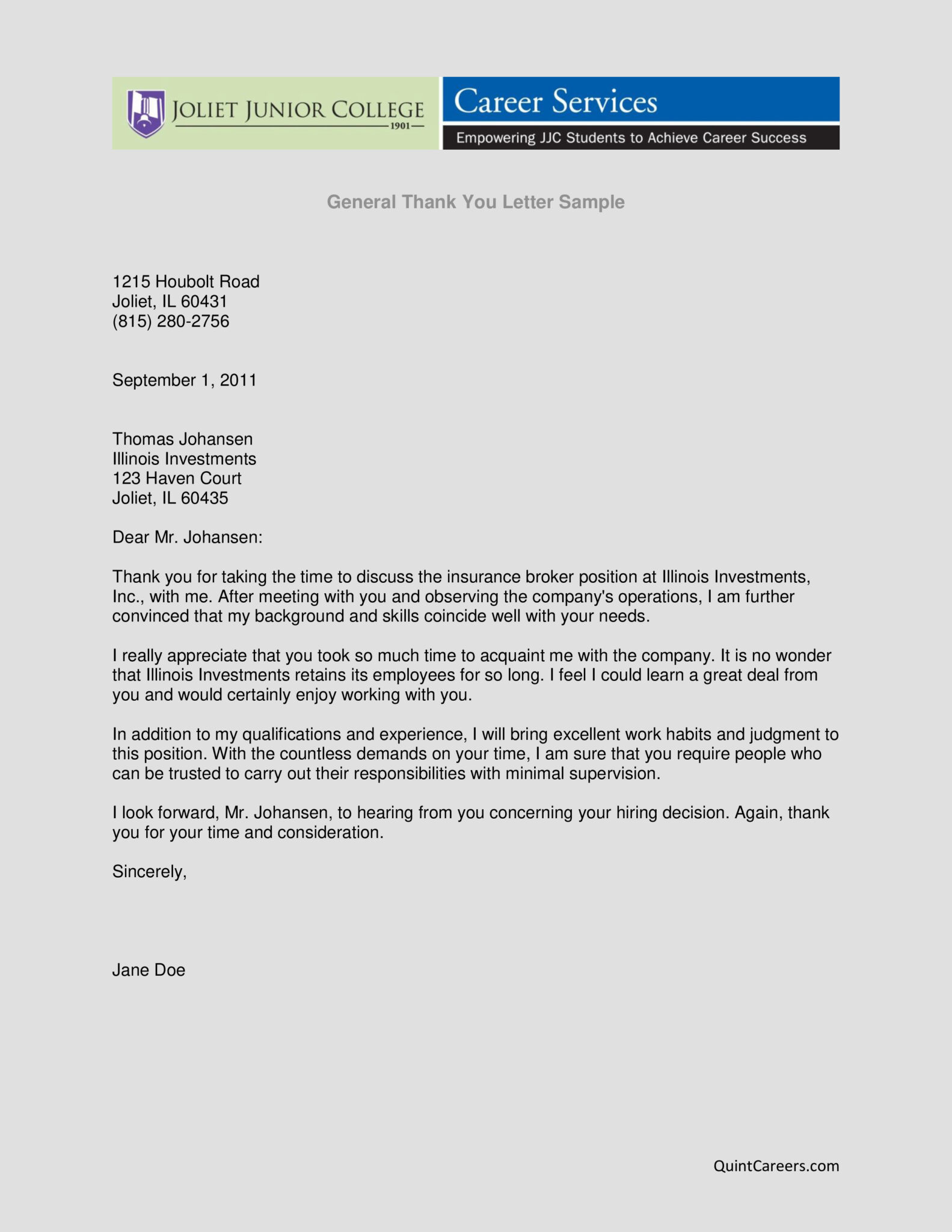 √ Free Printable Employment Thank You Letter Template
