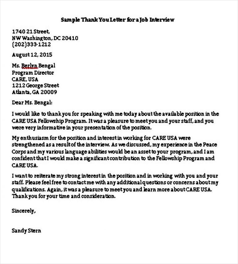 employment thank you letter template sample