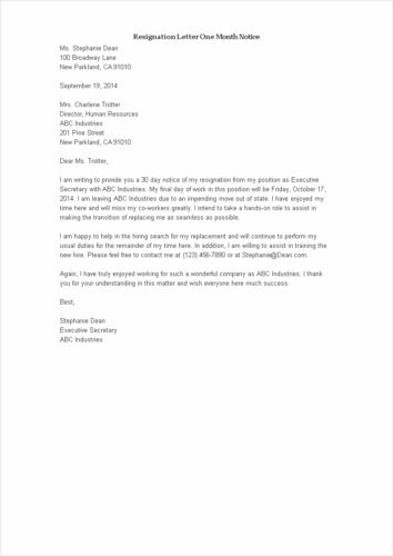 √ Printable 1-Month Notice Resignation Letter Template