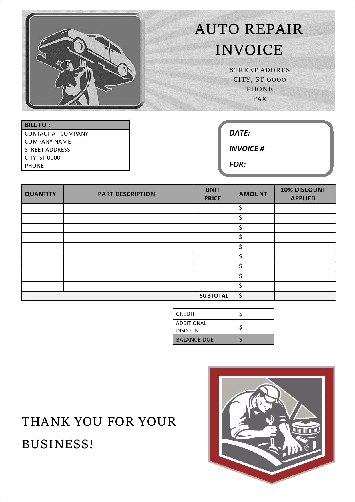 example of car repair invoice template