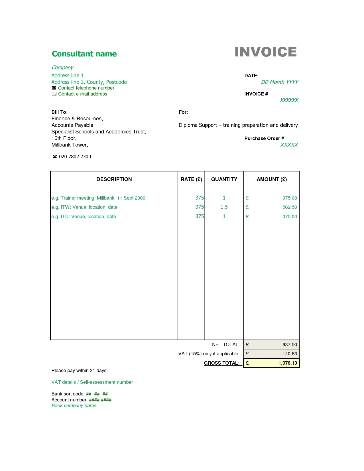 example of consultant service invoice template