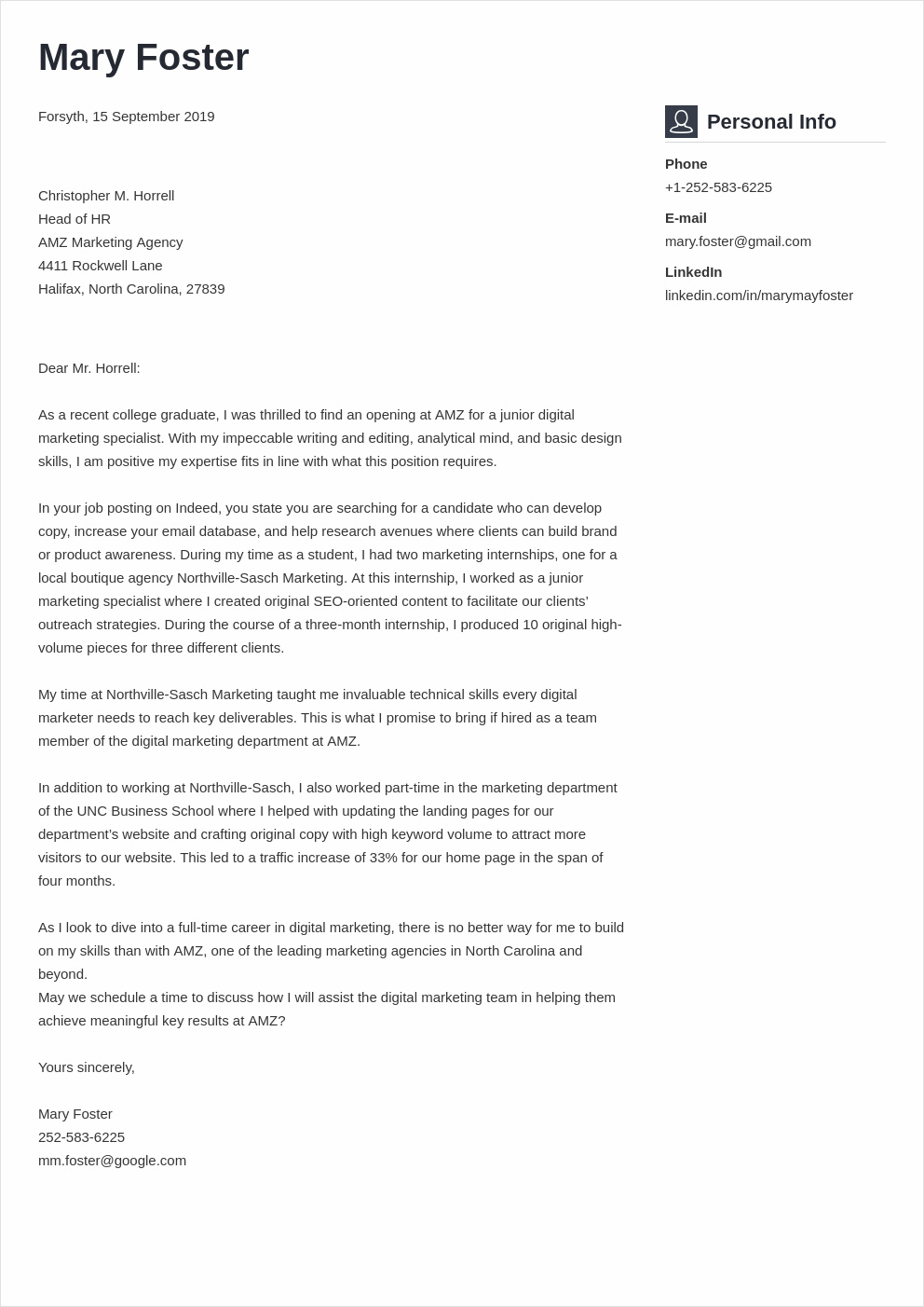 √ Printable Cover Letter Template For Digital Marketing