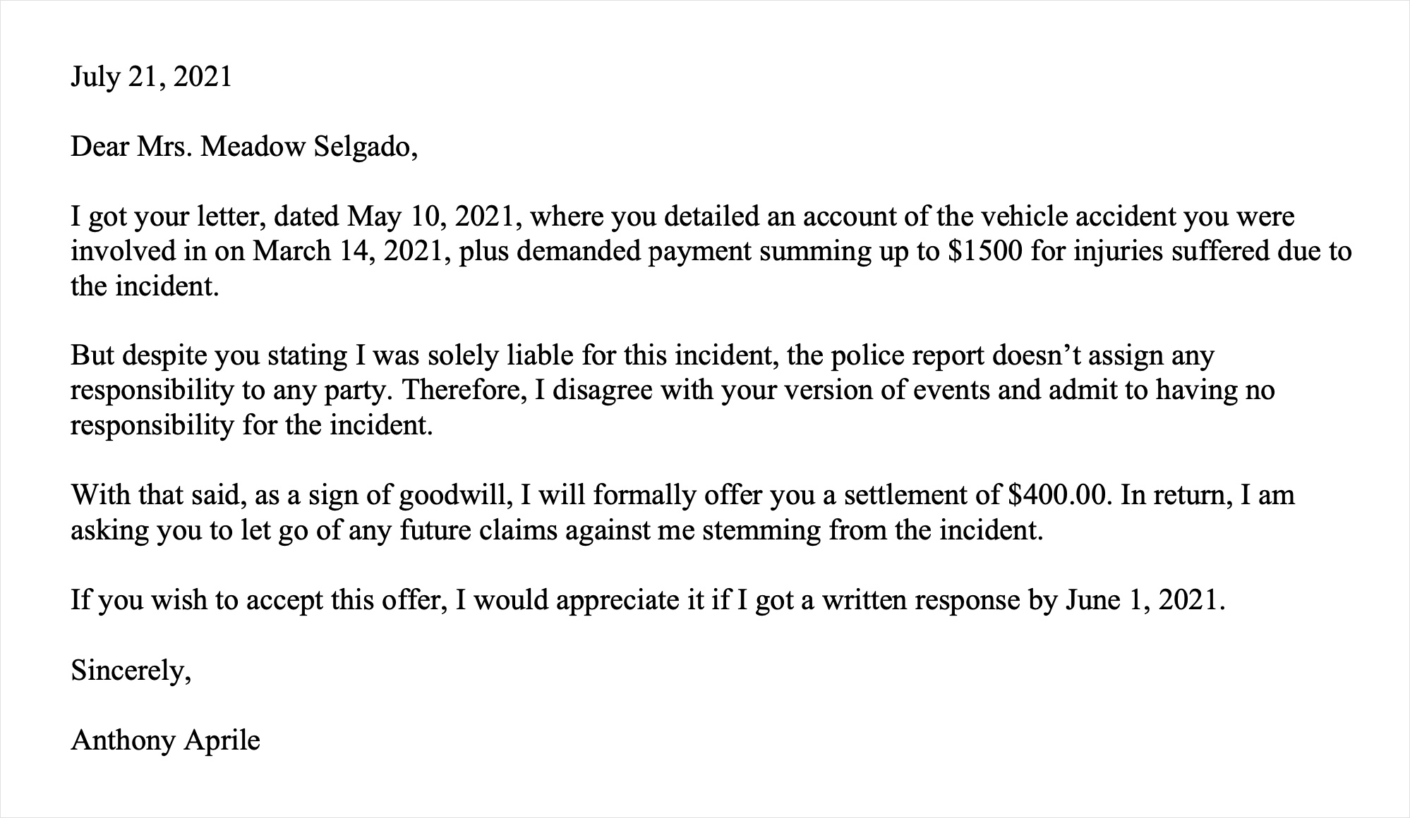 example of demand for settlement letter template