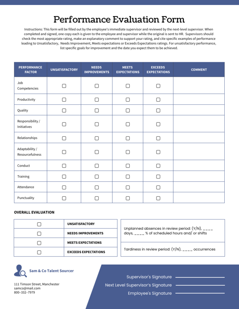 √ Employee Performance Evaluation Sheet