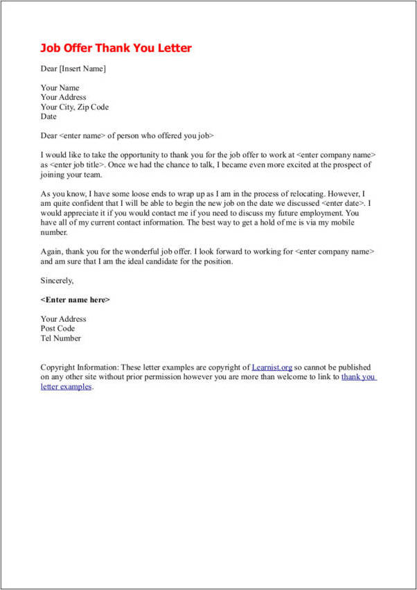 example of employment thank you letter template