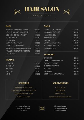 √ Hair Salon Price List Template (Free Printable)