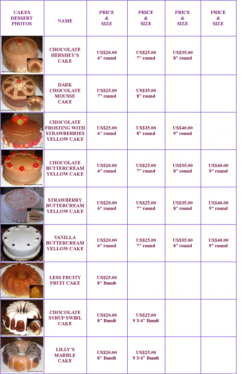 example of homemade cake price list template