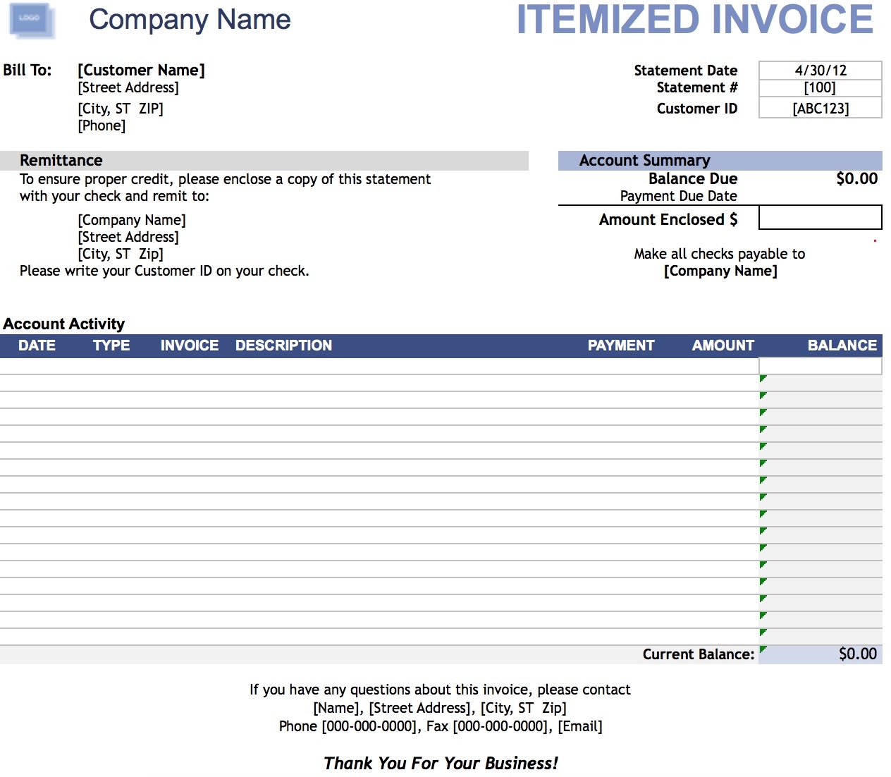 example of itemized invoice template