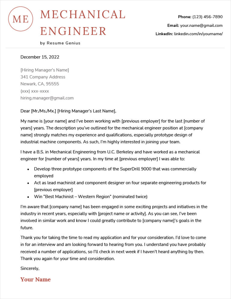 mechanical engineering cover letter reddit