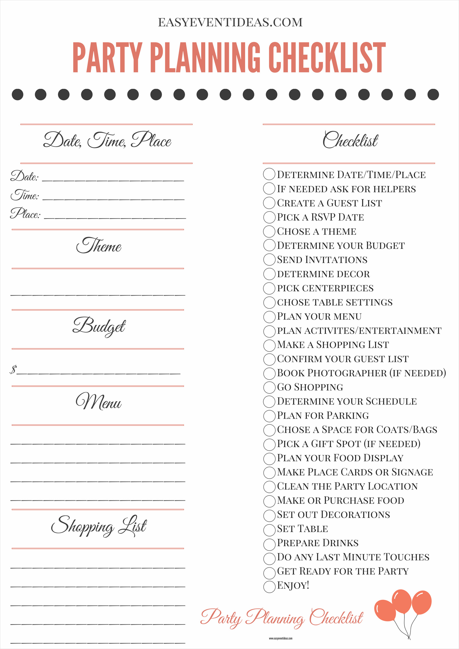 example of party shopping checklist template