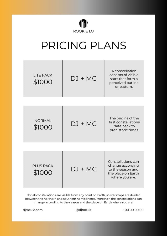 example of printable DJ price list template