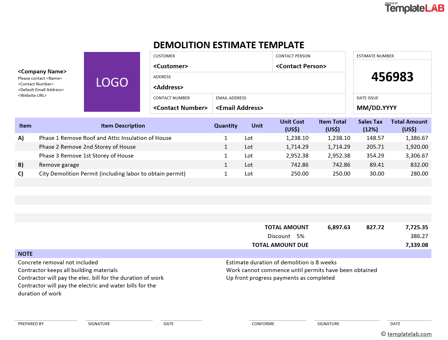 example of printable demolition estimate template