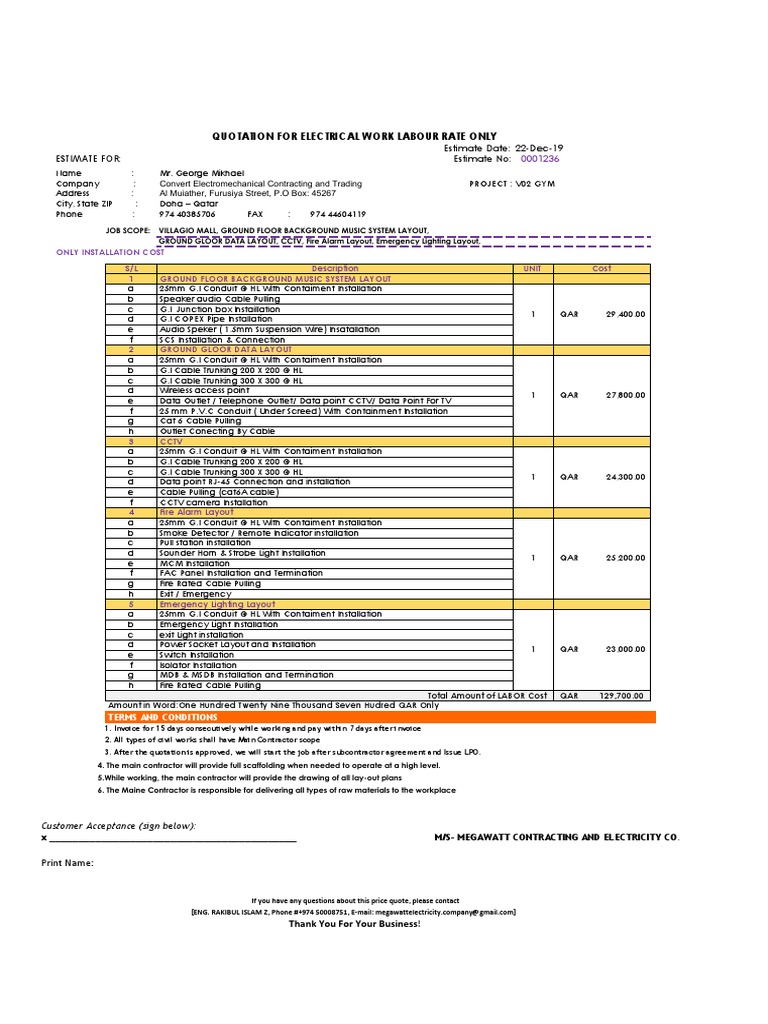 example of printable electrical estimate template