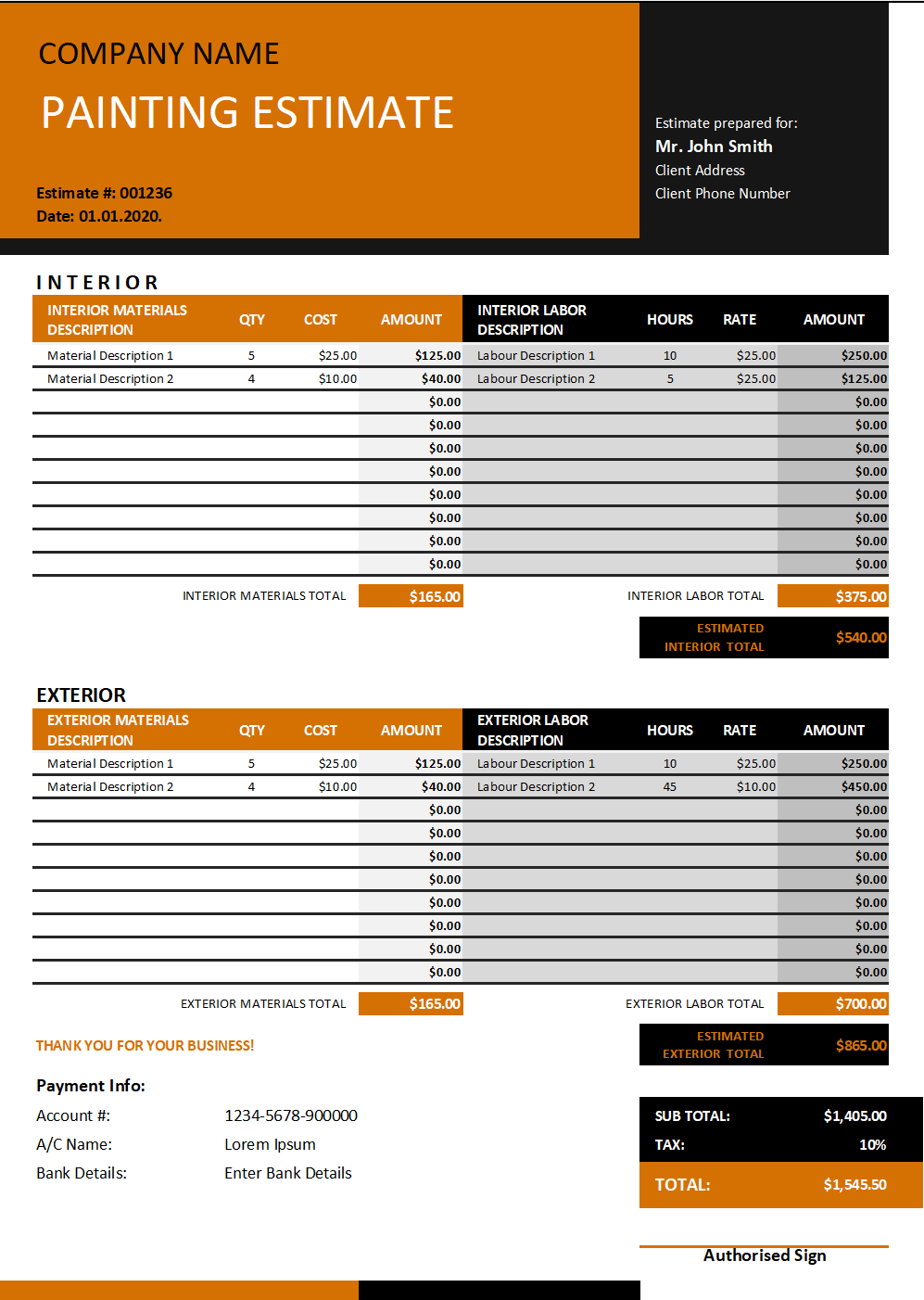 example of printable estimate template for painting