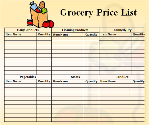 √ Printable Grocery Price List Template