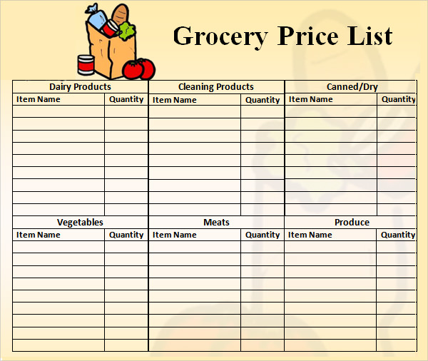 example of printable grocery price list template