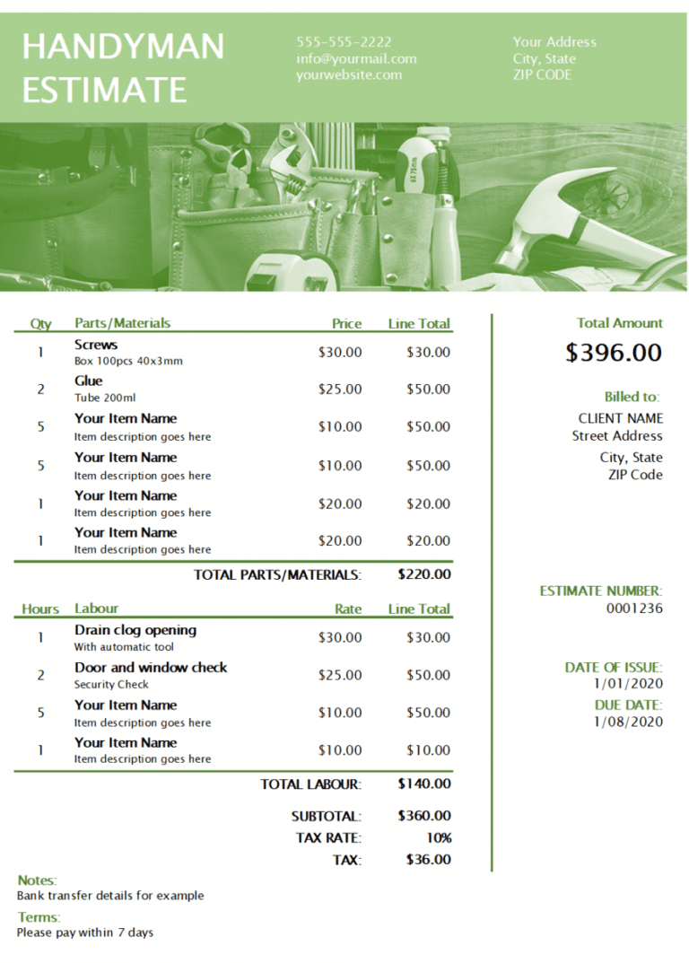 example of printable handyman estimate template