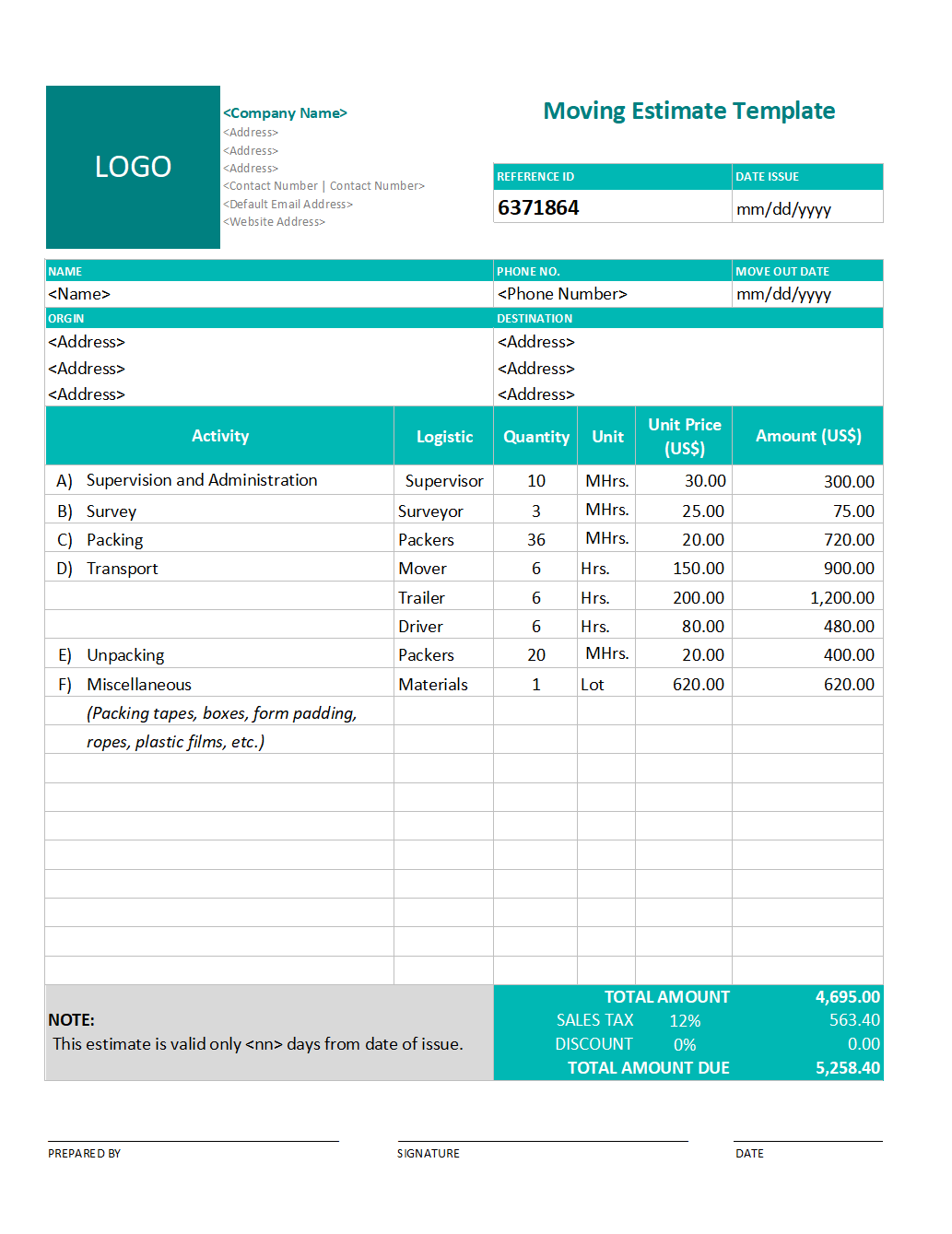 example of printable moving estimate template