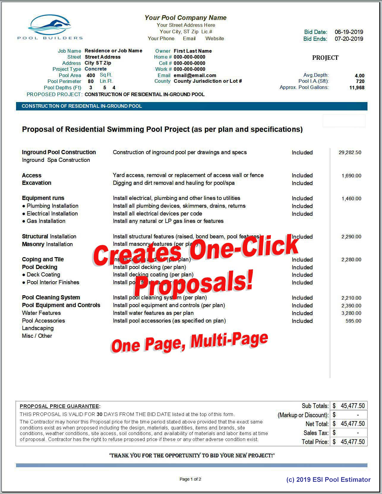 example of printable pool estimate template