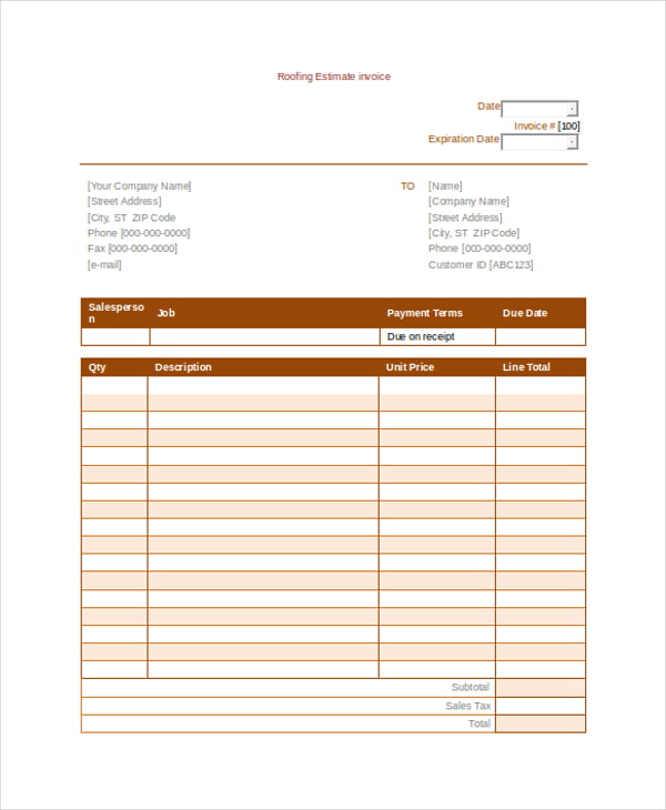 example of printable roofing invoice template