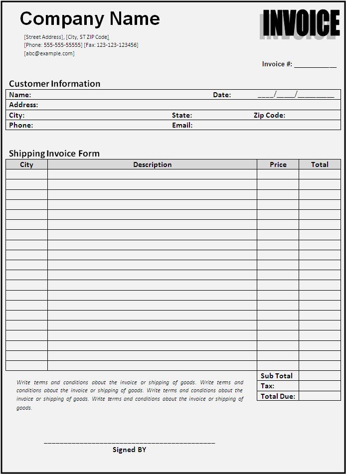 example of printable shipping invoice template