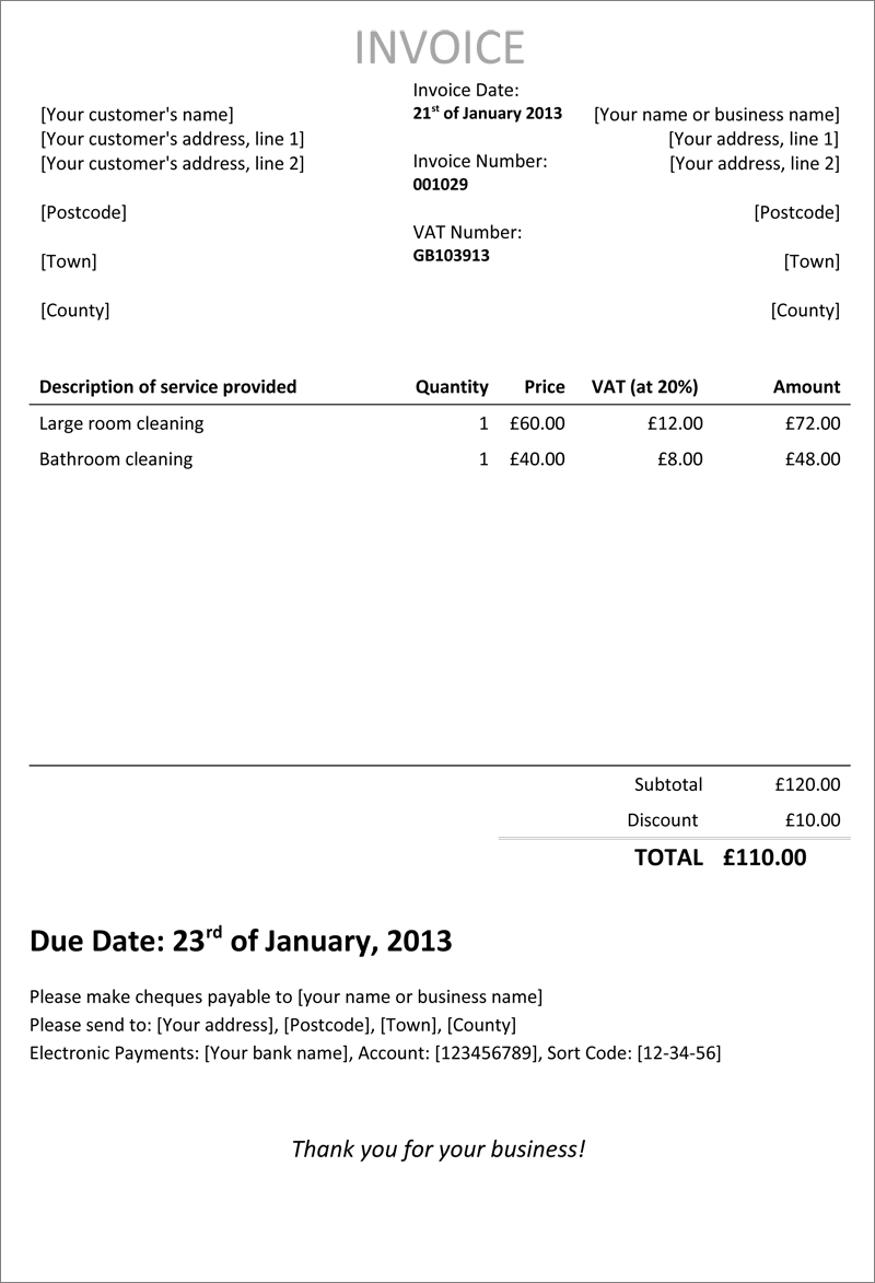 example of self employed cleaner invoice template