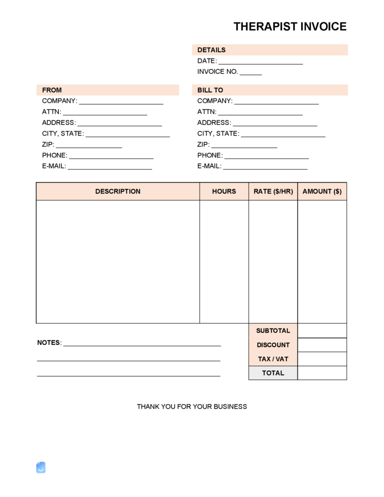 √ Therapy Invoice Template 4230