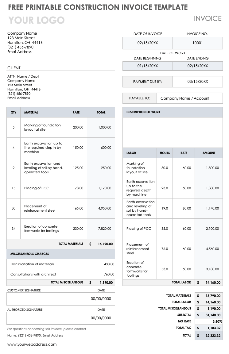 general contractor invoice template sample