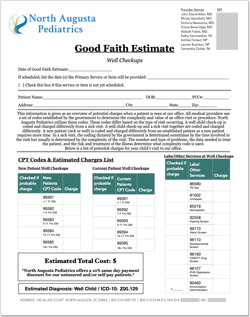 good faith estimate template for therapists sample