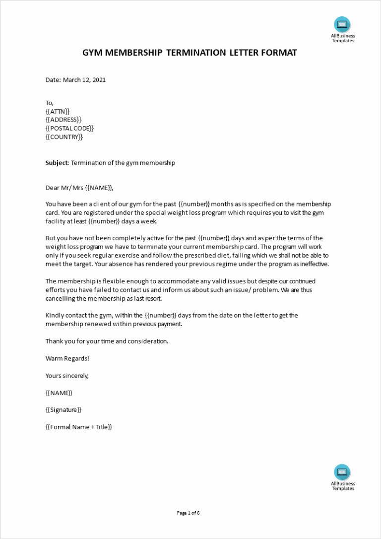 √ Free Printable Gym Termination Letter Template