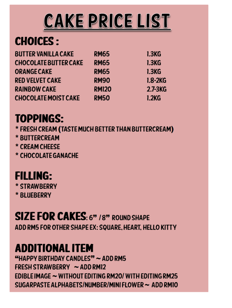 √ Homemade Cake Price List Template