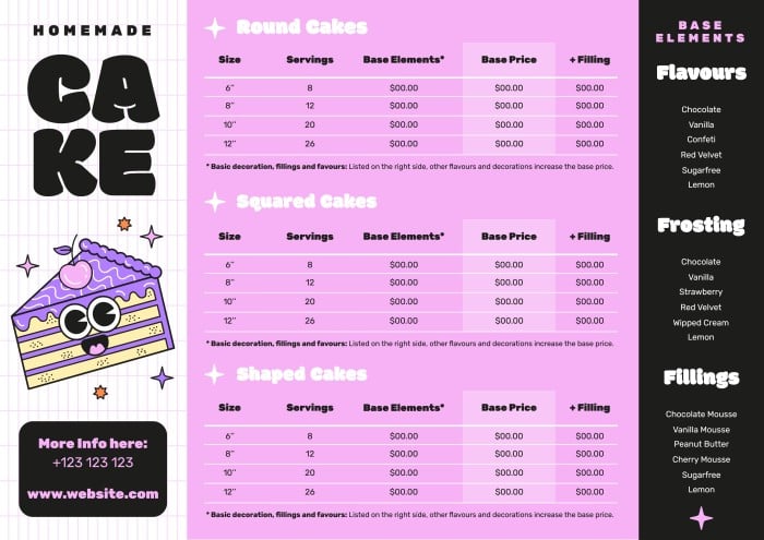 homemade cake price list template