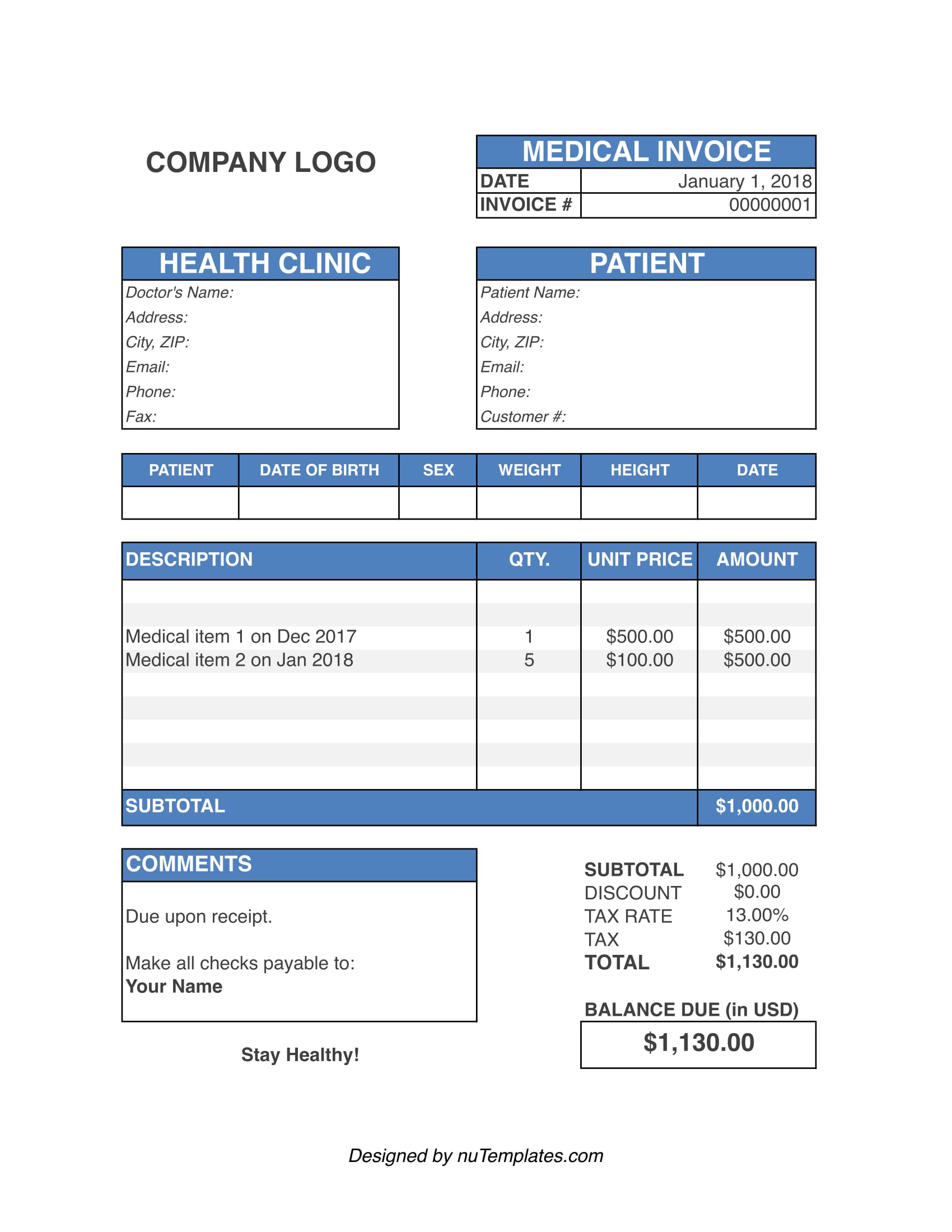 hospital invoice template example