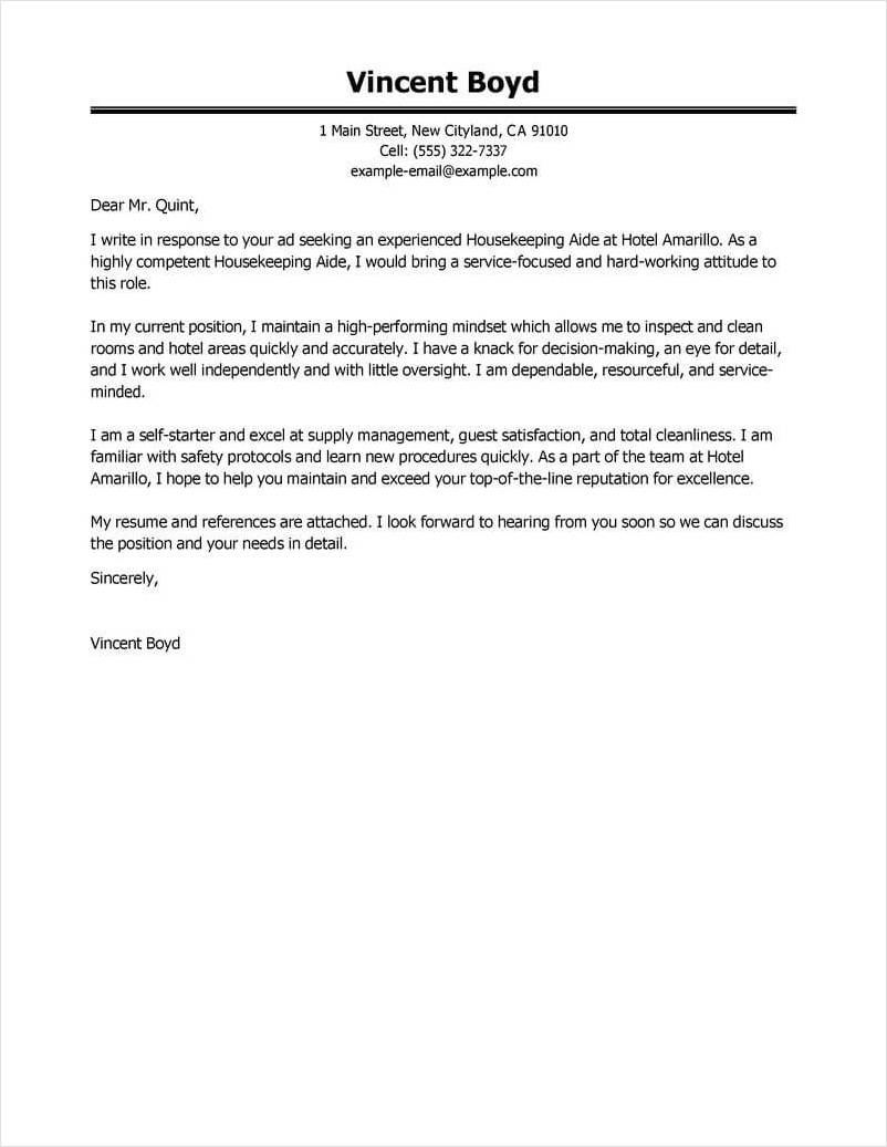 housekeeper cover letter template sample