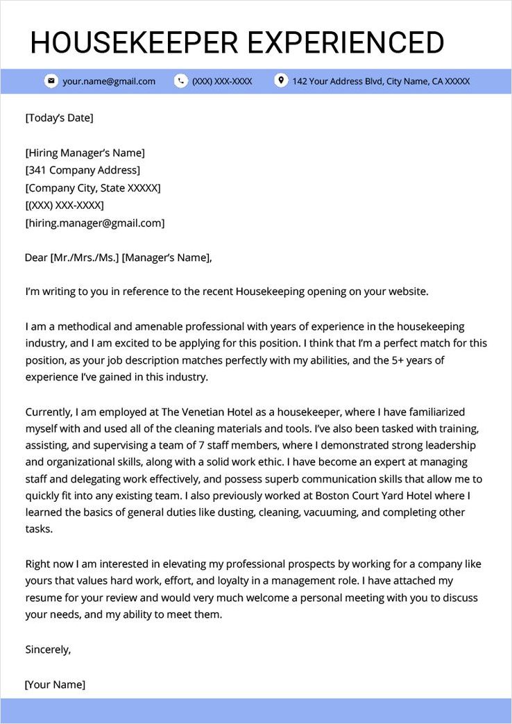 housekeeper cover letter template