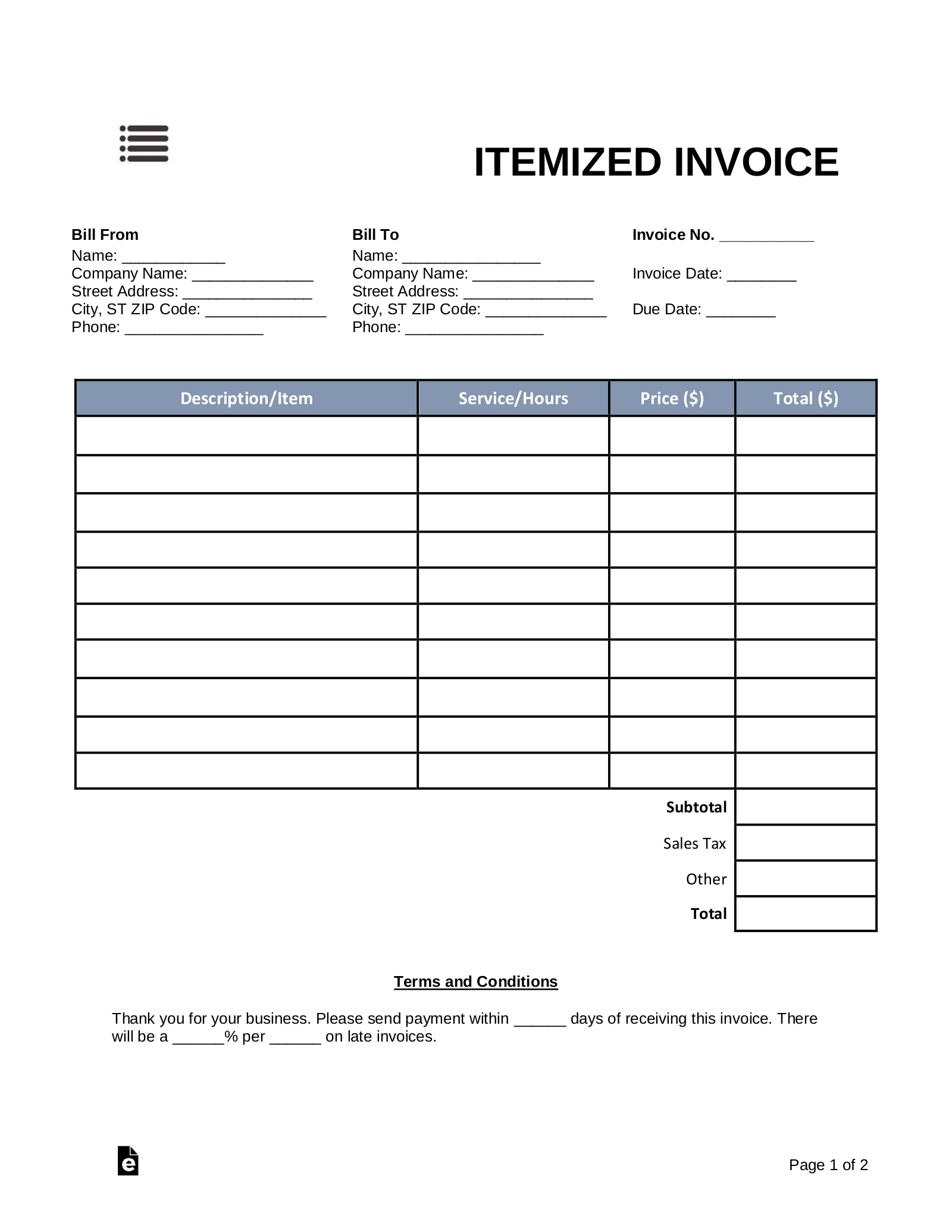 itemized invoice template example