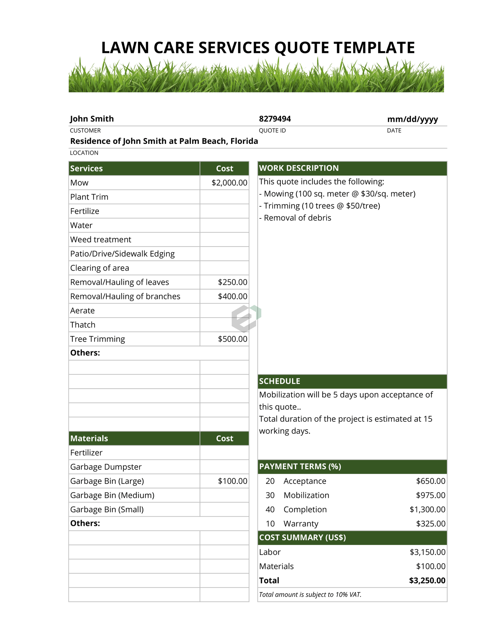 lawn care estimate template example