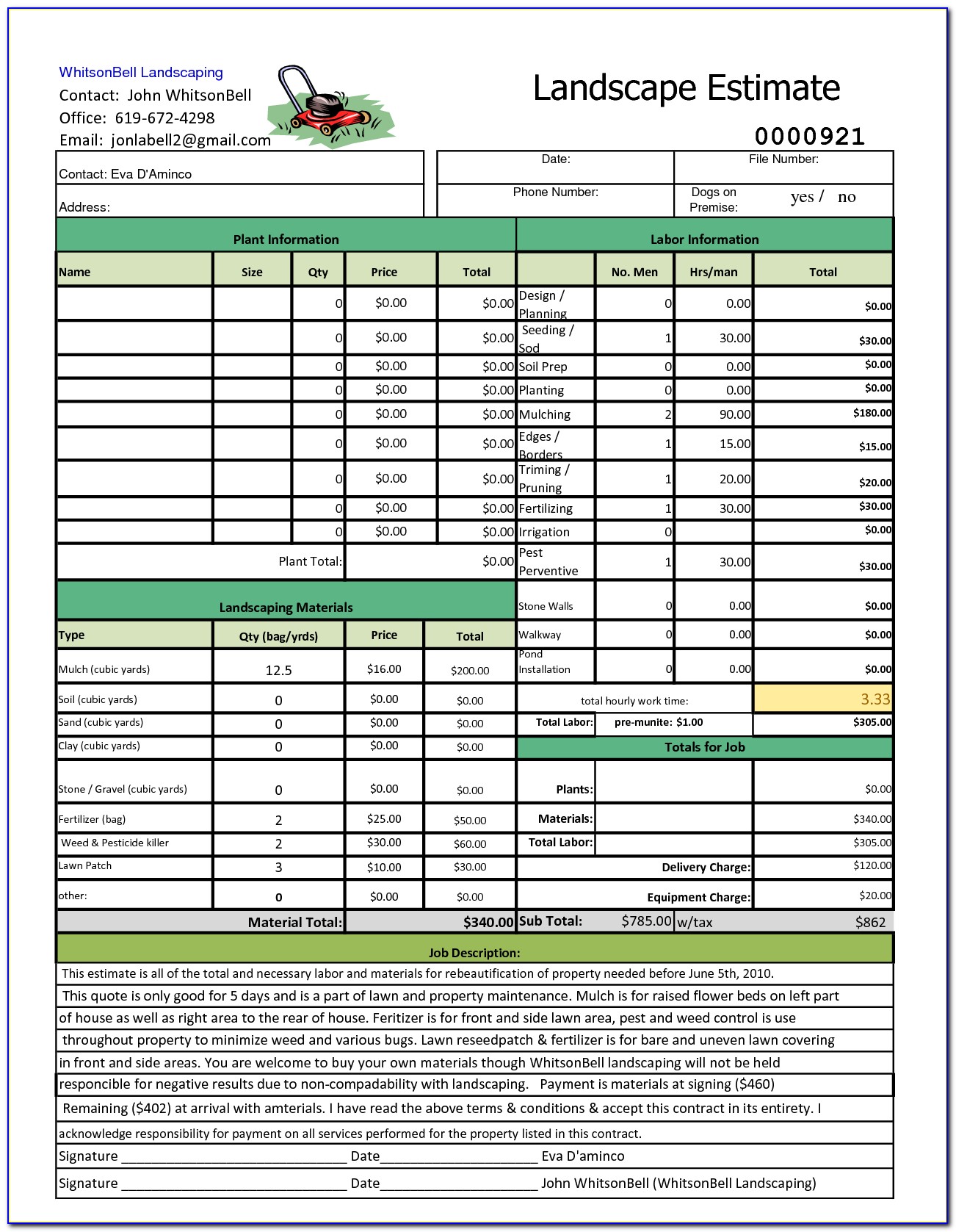 lawn care estimate template sample