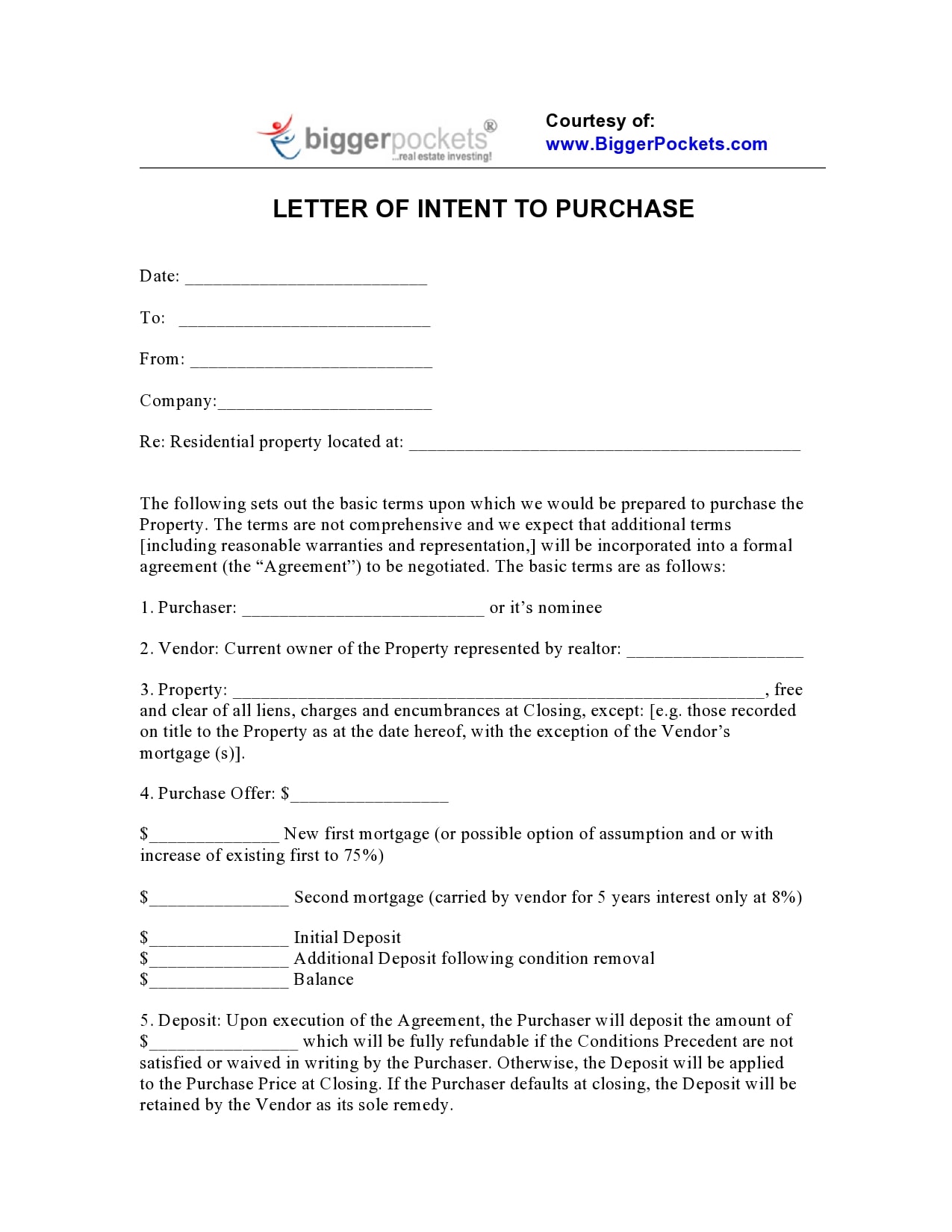 letter of intent to purchase