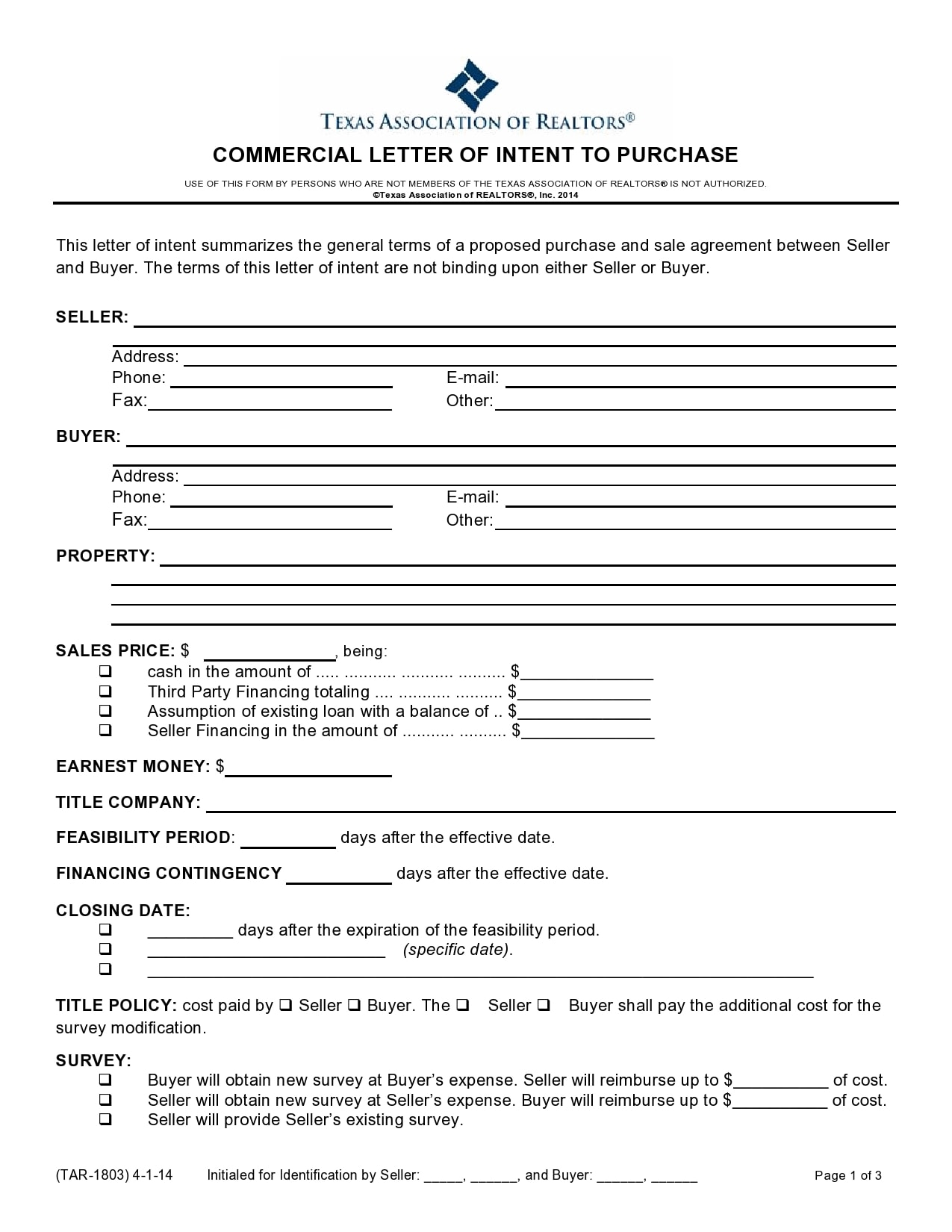 letter of intent to purchase