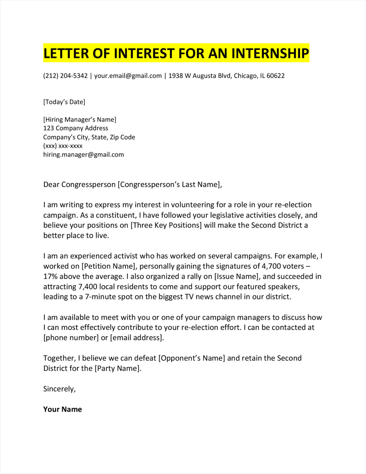 Letter Of Interest Internship Template Example 